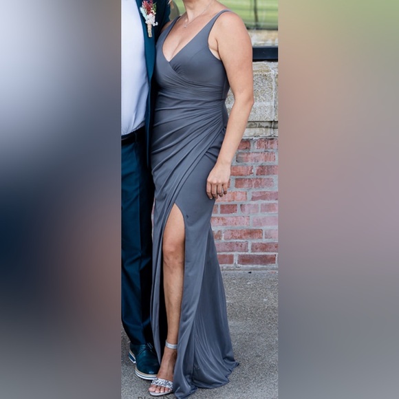 Azazie Leandra Steel Gray chiffon Gown - Picture 2 of 10